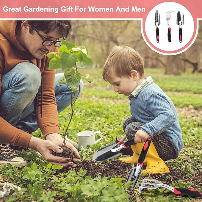 Garden Tool Set, 3PCS Heavy Duty Aluminum Gardening Tools with Soft Non-Slip Ergonomic Handle, Including Hand Trowel, Transplant Trowel and Cultivator Hand Rake for Planting, Digging, Weeding