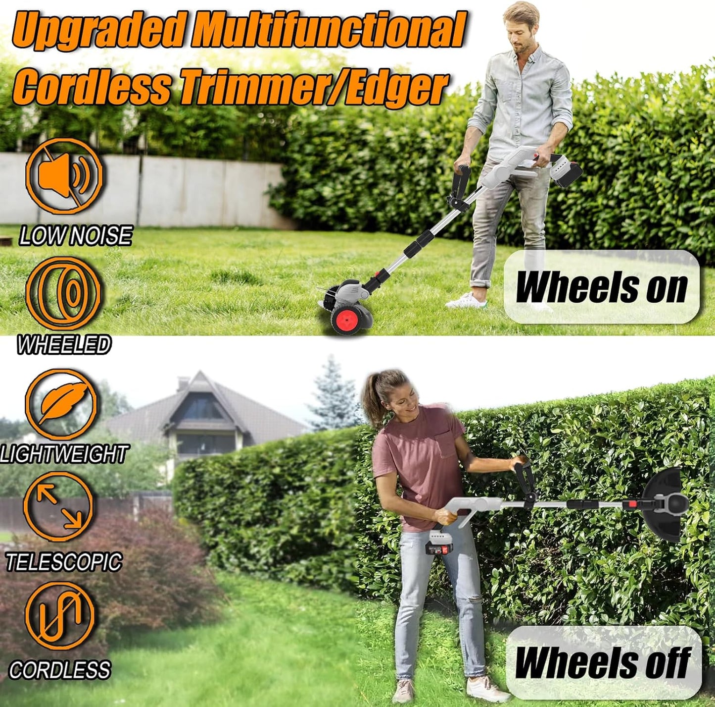 Electric Weed Wacker Cordless Eater, Battery Powered No String Grass Trimmer with 2 21V/4Ah Battery Operated&3 Types Blade&Wheels, Lightweight Weed Trimmer/Edger Lawn Tool for Garden Yard