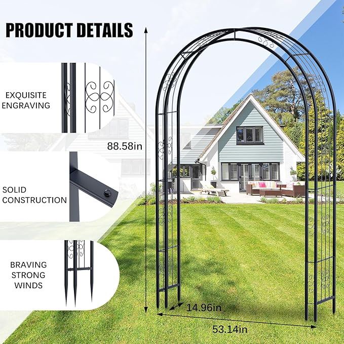 88in Steel Garden Arch Arbor Trellis for Climbing Plants Outdoor,Yard,Garden,Climbing Plants 7ft Decorative Wire Lattice,Outdoor Wedding Arch(Black)