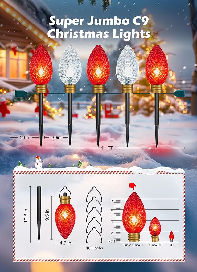 Brightown Strawberry Super Jumbo C9 Christmas Pathway Lights Outdoor - 11 Feet 5 LED Jumbo C9 Pathway Lights, Giant Christmas Lights Outdoor Decorations for Lawn Holiday Yard Outside, Red & White