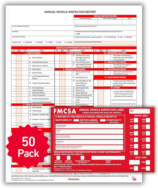 50 Pack 3-Ply Carbonless Annual Vehicle Inspection Report Forms with FMCSA Red Aluminum Adhesive Labels, DOT Inspection Forms and Stickers, Shrink-Wrapped, 8.5" x 11.75" - Made in USA