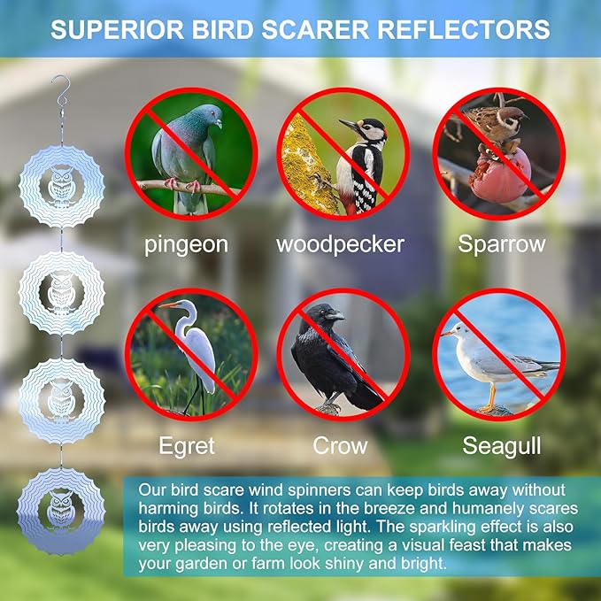 Bird Deterrents for Outside Owl Bird Scare Discs 3D Shiny Helix Wind Spinners, Reflective Bird Reflector & Stainless Steel Outdoor Garden Décor Sculpture Ornaments, Scare Birds Away from Yard Patio