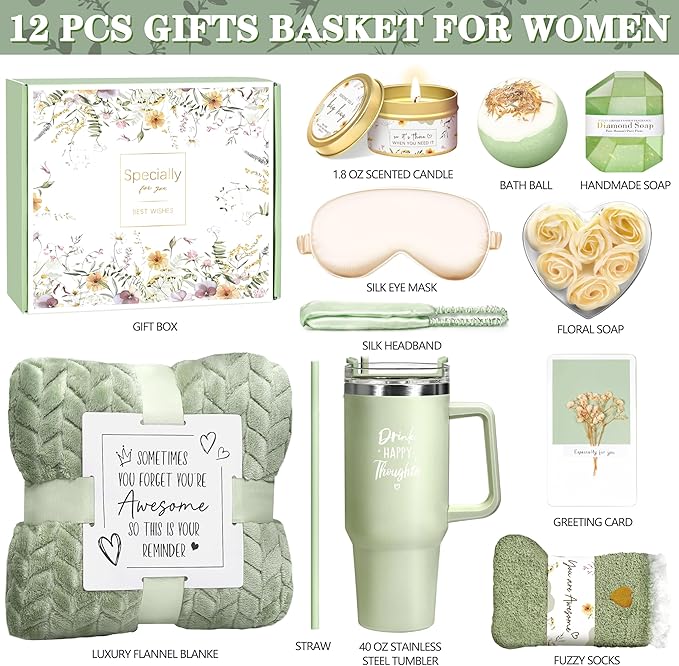Birthday Gifts for Women Self Care Get Well Soon Gifts, Vanilla Relaxing Spa Gift Basket - Happy Birthday Set w/ Luxury Flannel Blanket & 40 oz Tumbler, Unique Christmas Gift for Mom Her Wife Sister