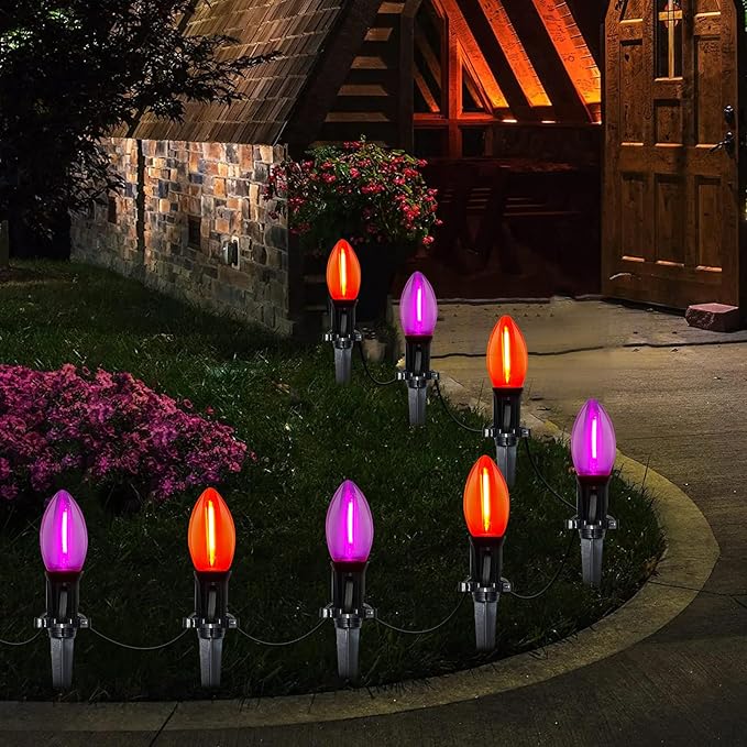 C9 Outdoor Halloween Pathway Lights, 19.5Ft C9 LED Orange Purple Halloween Pathway Marker Lights with 10 Stakes, Halloween Decorations Walkway Lights Waterproof for Driveway Lawn Yard Sidewalk Garden