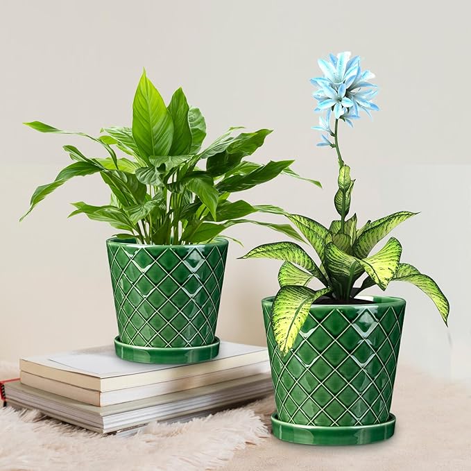 EFISPSS Ceramic Plant Pots, 4+5+6 Inch Pots for Indoor Plants, Flower Pots with Drainage Hole and Tray,Indoor/Outdoor Usage, Modern Style Garden Pots Set of 3 - Patina