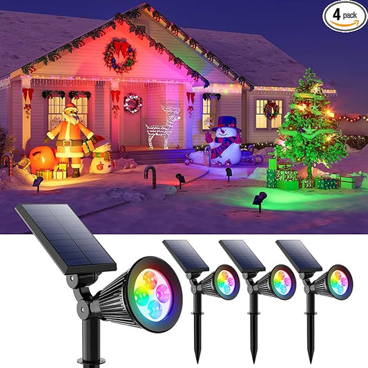 4 Pack Color Changing Solar Spotlights Outdoor for Decorations, Tree, Statue, House Wall, Super Bright Waterproof Solar Lanscape Spot Lights Uplighting for Outside, Yard, Garden, Adjustable Brightness