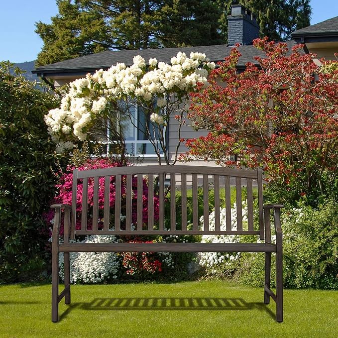 Grand patio 52" Farmhouse Outdoor Bench, Garden Benches with Rust Free Metal Powder Coated Frame and Aluminum Backrest, Faux Wood Grain Finish Frame Patio Bench for Front Porch, Northwoods Brown