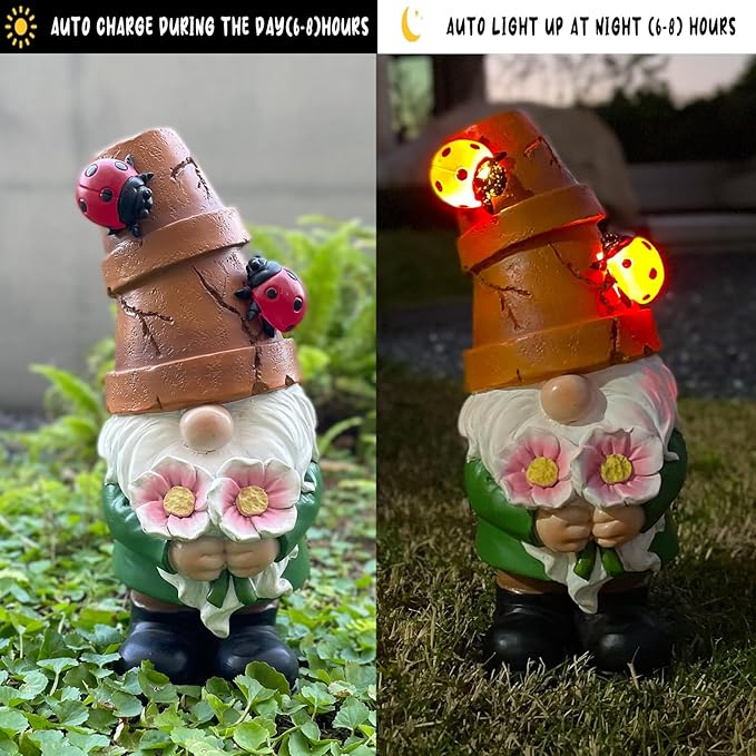 Garden Gnome Statues Outdoor Decor, Solar Gnomes with LED Lighted Flowers, Solar Resin Garden Outdoor Statue Sculpture, for Woman Gift Home and Garden Decor