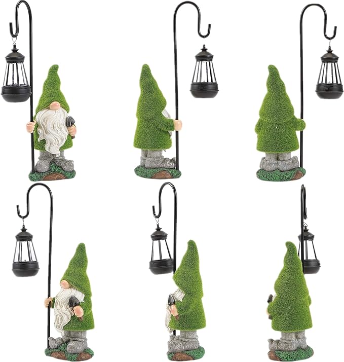 Flocked Garden Gnome Statue, Large Outdoor Gnome with Solar Lights, Funny Garden Figurines for Outdoor Home Yard Decor (15.8 Inch Tall)