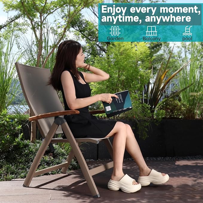 Adjustable Folding Chair, Indoor & Outdoor Balcony, Patio Porch, Garden Lawn, Pool, for Comfortable Foldable Chairs, Portable Cozy Recliner, Metal Frame with Teak armrest, Durable