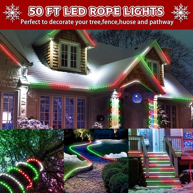Christmas Rope Lights Outdoor, 50Ft 600 LED Red White Green String Light, Waterproof Tube Light Plug in 8 Modes Timer Memory, Permanent Christmas Lights for Tree Fence Garden Party Decorations