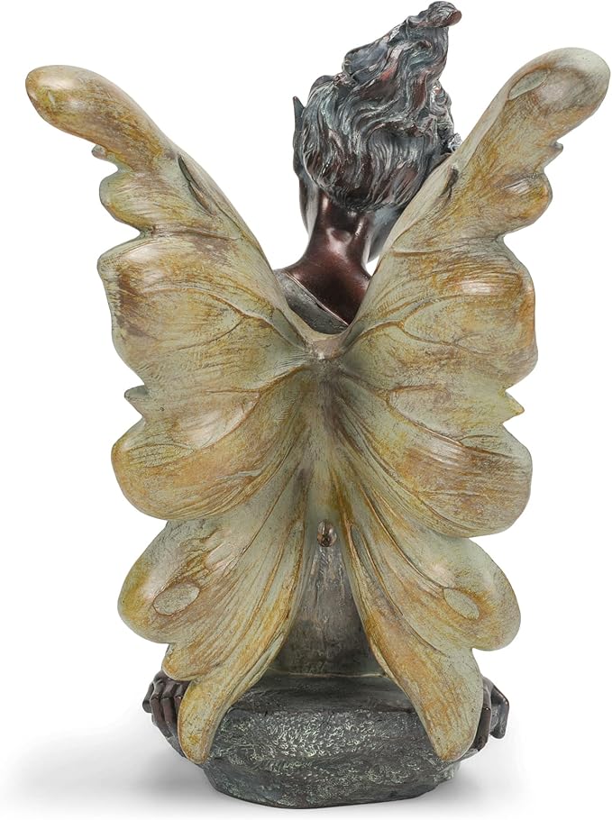 Fairy with Bird Bronze Tone 12.5 x 18 Inch Resin Stone Outdoor Garden Statue