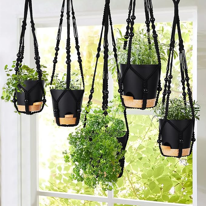 GARDIFE Hanging Planters for Indoor Plants,5Pcs Hanging Basket for Indoor Boho Home Decor,Macrame Plant Hanger,35 Inches,29Inch,23Inch, Ivory,Self Watering Planters, 7/6.5/6/5.5/5 Inch,Black&Black