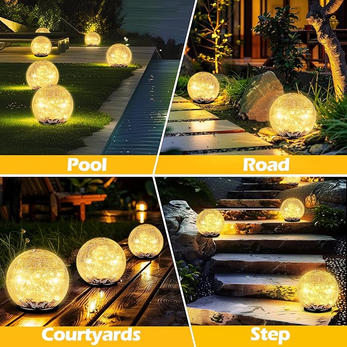 Garden Solar Ball Lights Outdoor Waterproof, 30 LED Cracked Glass Globe Solar Power Ground Lights for Path Yard Patio Lawn, Christmas Decoration Landscape Warm White(2 Pack 3.9'')