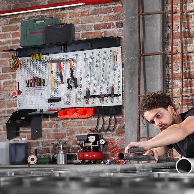 Ultrawall Peboard Storage Organizer, 48x36 inch Pegboard Wall Organizer, Metal Garage Peg Board with Toolboard, Utility Hooks, Overhead Shelf, 105pcs