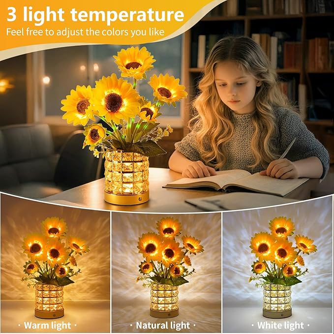 Sunflower LED Lamp,USB Rechargeable Touch Night Light, 3 Color Stepless Dimmable,Small Battery Flower Decor for Bedroom, Restaurant, Bar – Birthday, Mother’s Day,Wedding Gifts for Women,Mom