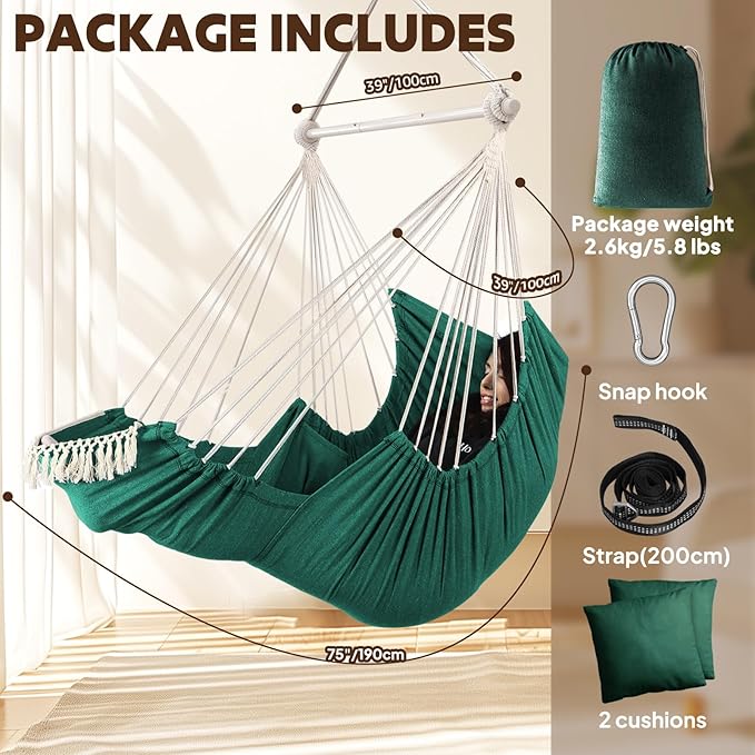 Chihee Hammock Chair Hanging Chair with Foot Rest 2 Cushions Max 500lbs Robust Metal Spreader Bar Collapsible Easy Storage Soft Cotton Swing Chair Strong Strap Iron Carabiner Side Pocket Included