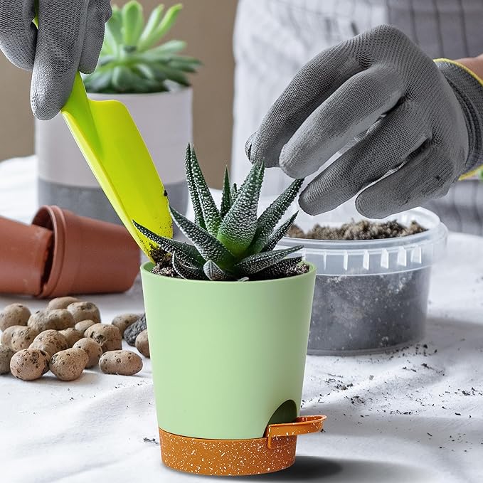 4 inch Small Plant Pots for Outdoor Indoor Plants, 5 Pack Planters with Drainage Holes and Tray, Small Self Watering Pots for Succulent,Cactus, Aloe and Other Plants (Green)