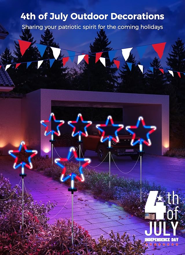 4th of July Decorations Outdoor Red White and Blue Lights, 4 Big Neon Star Pathway Lights Plug in for Independence Day Memorial Day Patriotic Decor Outside Garden Yard Lawn