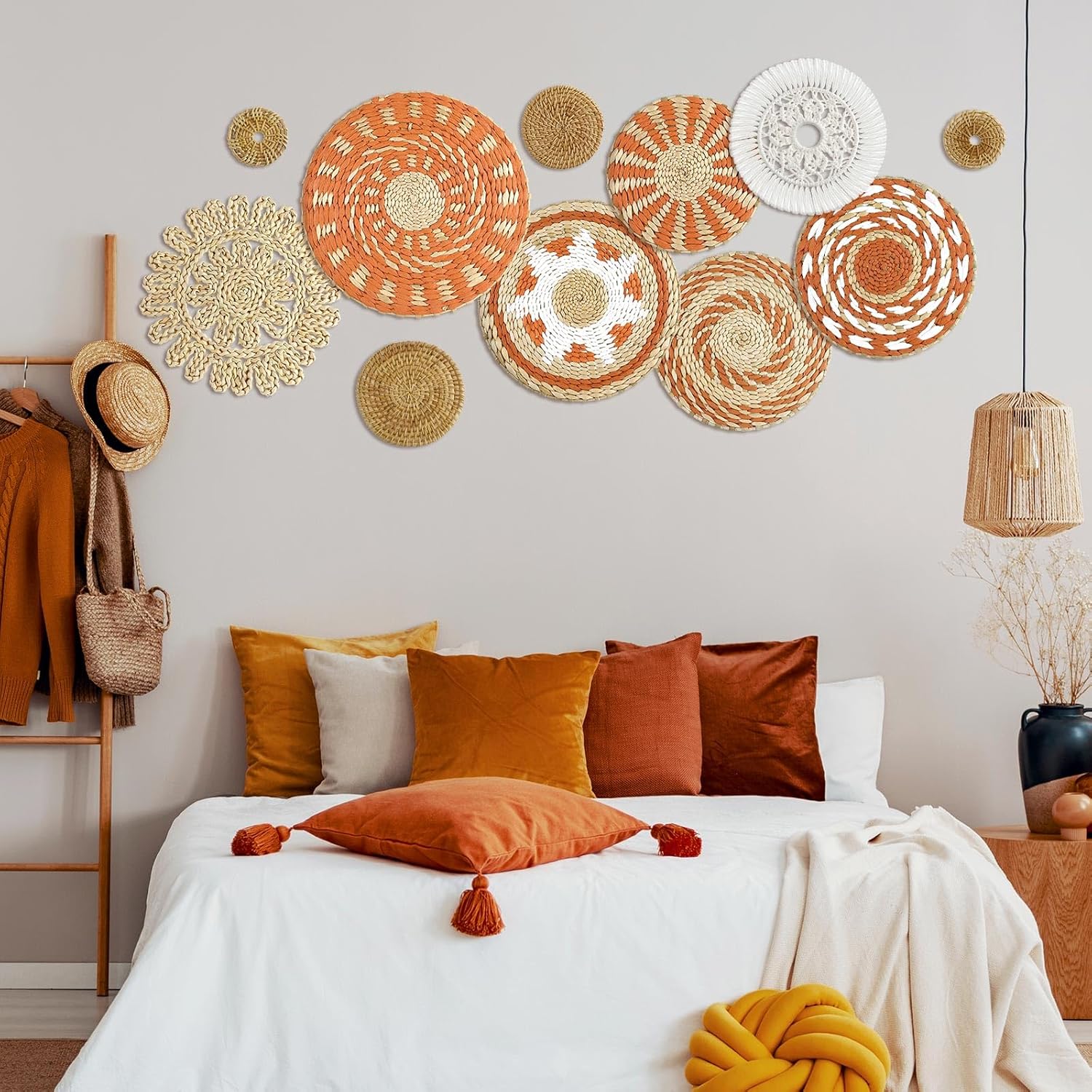 Tatuo 11 Pcs Boho Wall Basket Decor Decorative Bulrush Woven Basket Wall Decor Art Round Farmhouse Hanging Baskets for Kitchen Rustic Home Summer Decorations, Multi Sizes(Delicate)