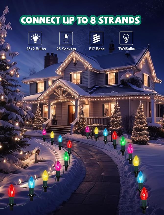C9 Christmas Pathway Lights Outdoor, 38Ft Outdoor Christmas Decorations with 25 C9 Multicolor Bulbs Christmas Stakes Lights, Connectable Christmas Walkway Lights for Outside Yard Lawn Sidewalk Garden