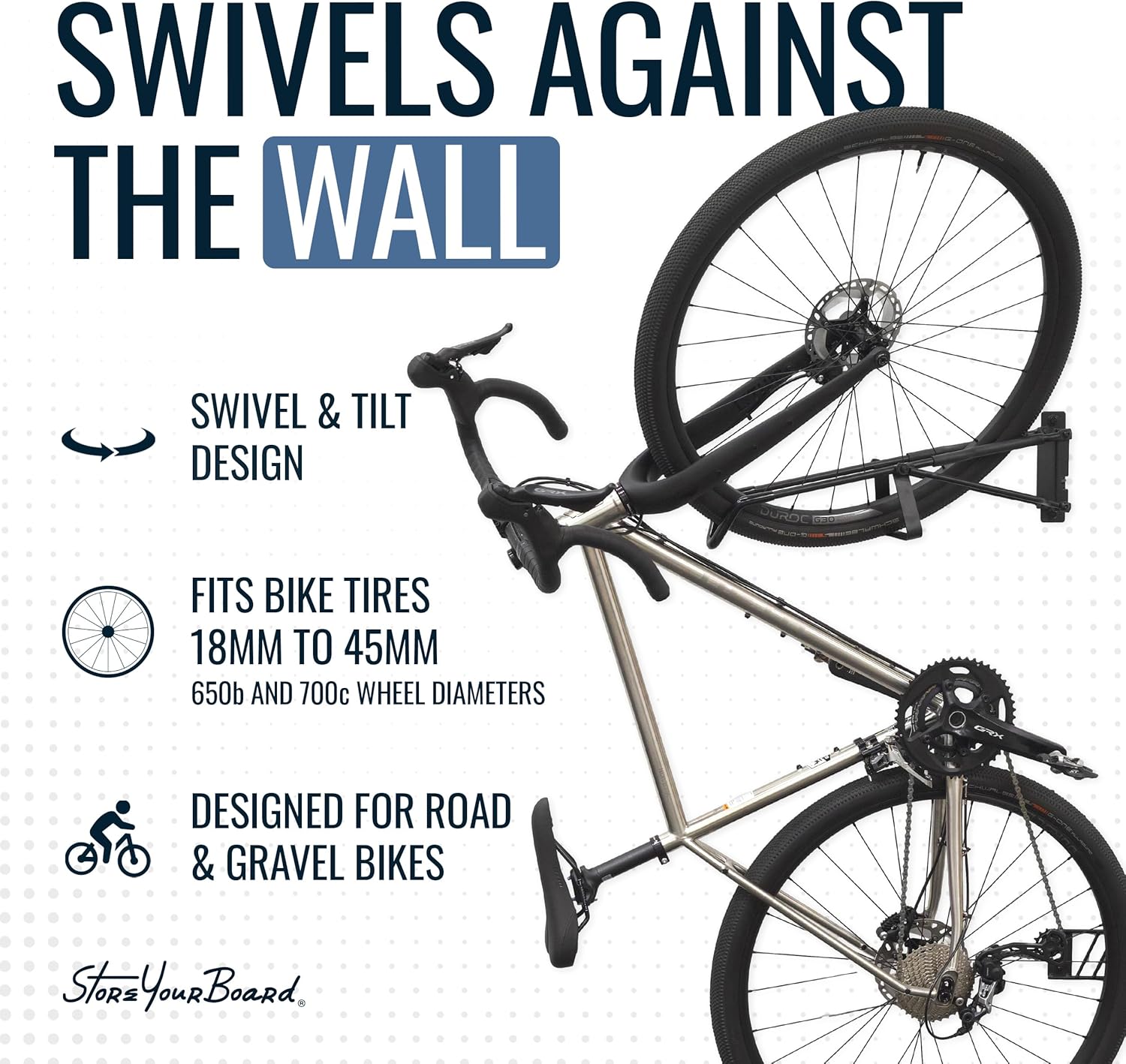 StoreYourBoard SwivelStow Road & Gravel Bike Storage – Heavy Duty Bike Hanger, No-Lift Bike Wall Mount for Garage Bike Storage, Holds 70 lbs, Patent-Pending