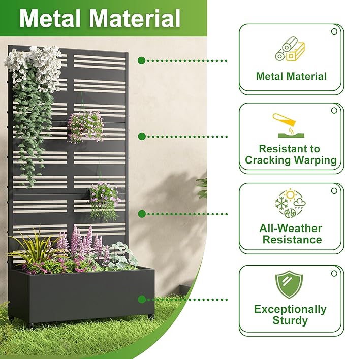 Casaphoria Metal Raised Garden Bed with Trellis and Wheels, 72"x47"x16" Planter Box for Climbing Plants, Vegetables & Vines, Features Drainage Holes and Privacy Screen (Black-Shine)