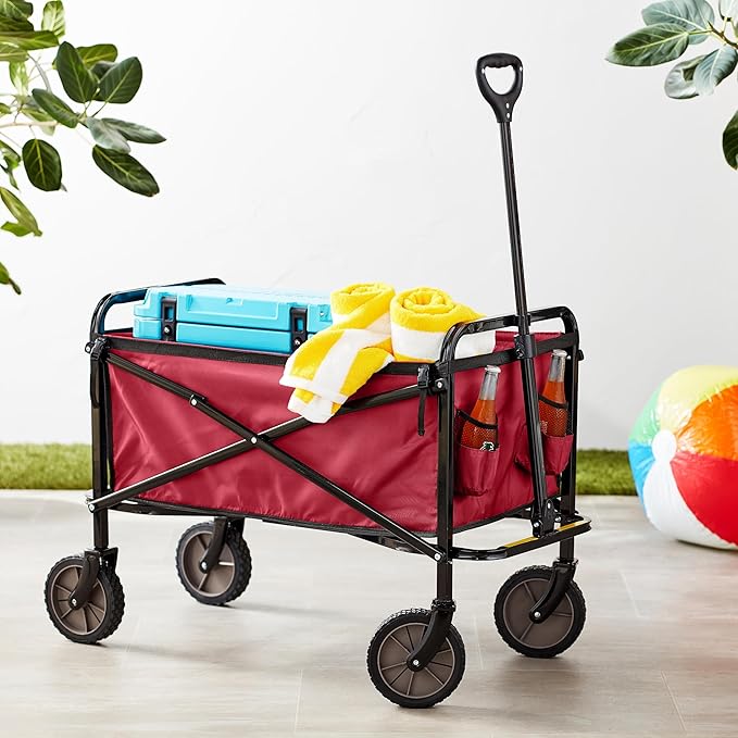 Amazon Basics Collapsible Folding Heavy Duty Utility Wagon for Outdoor Sports, 265 pounds Weight Capacity, Camping, Garden, and Shopping, 27.6 x 40.9 x 20 inches, Red