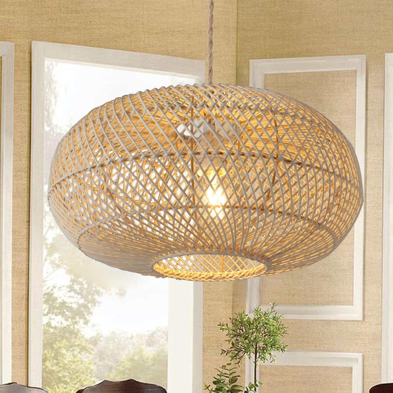 Rattan Pendant Light 16" 1-Light Hand-Woven Rattan Hanging Light，Wicker Woven Basket Chandelier，Modern Bohemian Pendant Lamp for Kitchen Island Foyer Farmhouse Porch