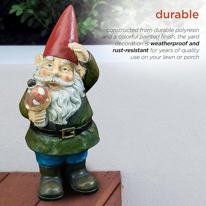 Alpine Corporation 12" Tall Outdoor Garden Gnome with Mushroom Yard Statue Decoration