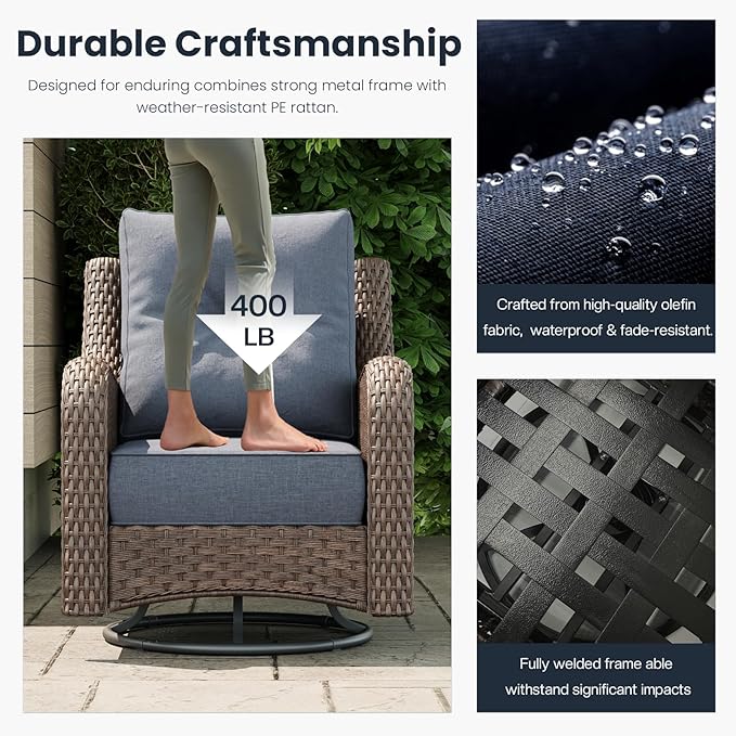 5 Pieces Outdoor Patio Furniture Sets with Rocking Swivel Chairs with 6-inch Thick Cushion and Fire Pit Table for Deck Lawn