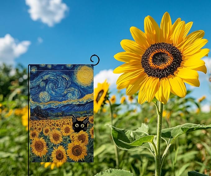 BLKWHT Summer Sunflower Cat Garden Flag 12x18 Vertical Double Sided Blue Sky Welcome Farmhouse Holiday Outside Decorations Burlap Yard Flag BW822