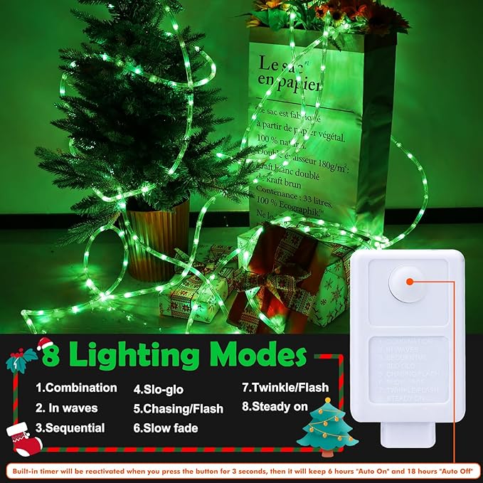 50ft LED Rope Lights Outdoor, 360 LED Connectable and Flexible Tube Lights with 8 Modes, Waterproof LED Rope Lighting for Garden, Patio, Pool, Bedroom, Party, Indoor Outdoor Christmas Decor (Green)
