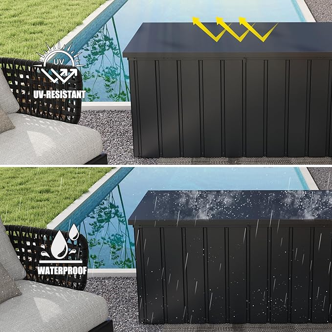 Domi Deck Box Outdoor 150 Gallon, Waterproof Lockable Steel Outdoor Storage Container for Outside Cushions, Garden Tools and Pools Equipment, Gray