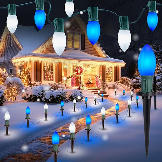 Brightown Frosted C9 LED Christmas Lights Outdoor, 32Ft Christmas Pathway Lights with 25 LED Bulbs and Stakes, Christmas Decorations Outside Driveway Walkway Sidewalk, Blue and White