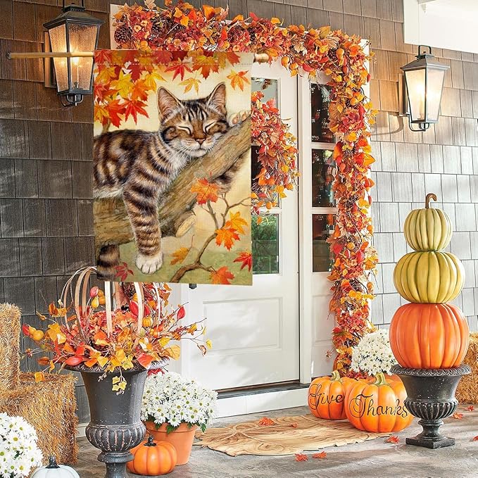 BLKWHT Fall Cat House Flag 28 x 40 Vertical Double Sided Autumn Leaves Thanksgiving Holiday Outside Decorations Burlap Yard Flag BW699-40