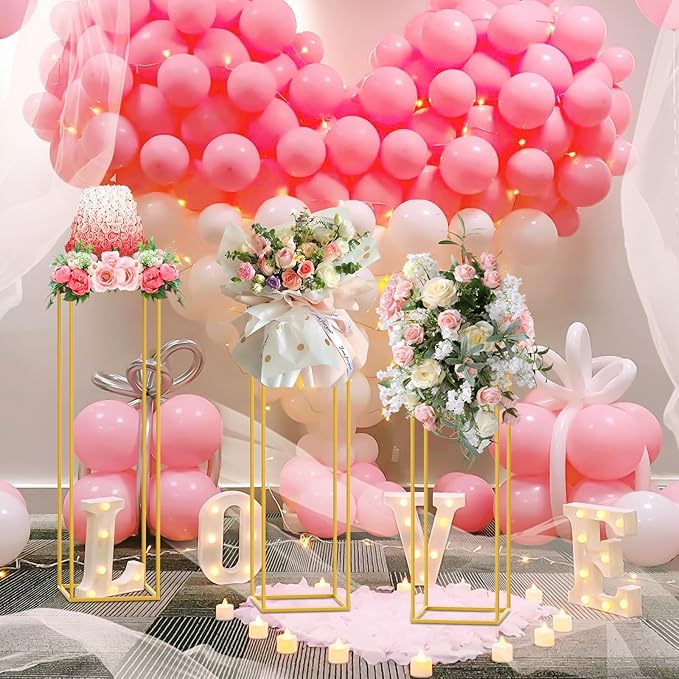 chamvis Gold Metal Plant Stand, 3 Pcs Tall Cylinder Pedestal Stands for Parties and Weddings, Gold Square Cylinder Tables for Living Room and Patio Decor