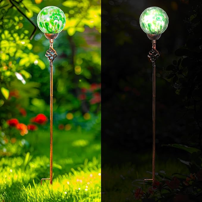 Garden Solar Lights, Decorative LED Honeycomb Glass Ball Garden Stake, Glass and Metal Outdoor Decoration, 4 x 31 Inch (Green)
