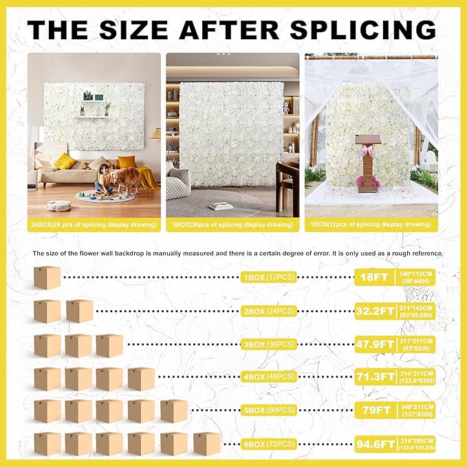 Flower Wall Backdrop 12PCS 16.5x16.5 Inch Floral Wall Panel White Artificial Silk Rose Wall Decor Ideal for Wedding Celebrations, Festive Party Backdrops and Home Decor