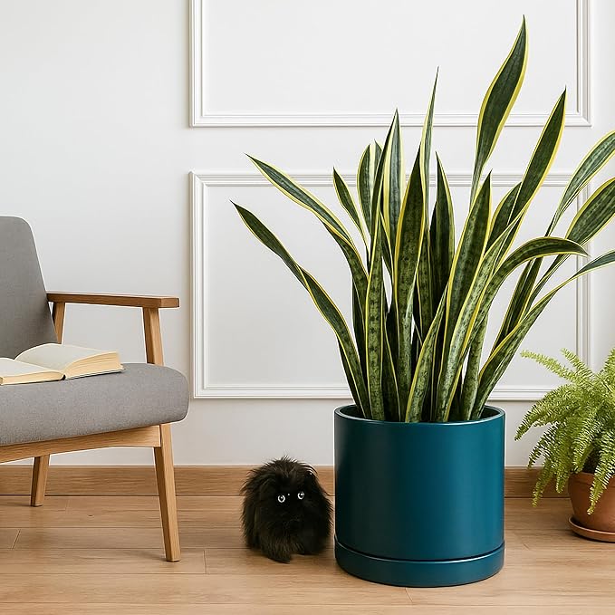 D'vine Dev 14 Inch Ceramic Planter Pot with Drainage Hole and Saucer, Indoor Cylinder Round Planter Pot, Teal, 94-O-G-9