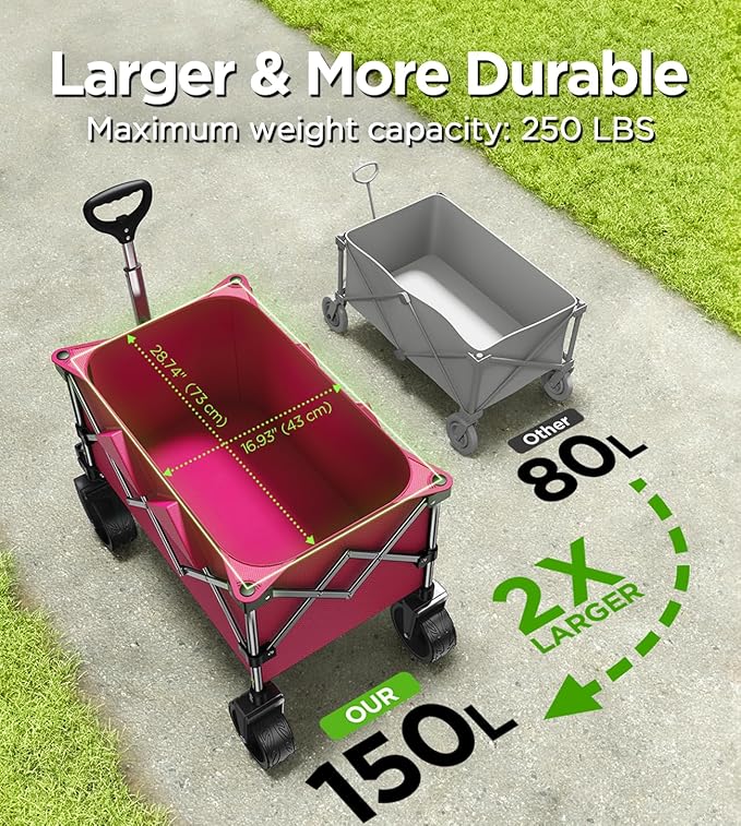 Beach Wagon,Collapsible-Wagon 220lbs with Big Wheels FoldableWagon Carts,Portable Utility for Garden Grocery Sports Camping All Terrain-Pink