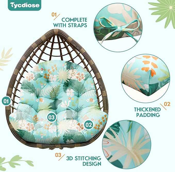 Egg Chair Cushion Replacement, Waterproof Outdoor Hanging Egg Swing Chair Cushions Pads, U-Shaped Thickened Cushions for Hanging Eggs Chair with Ties, 47x33x7 Inches (Cyan Floral Leaf)