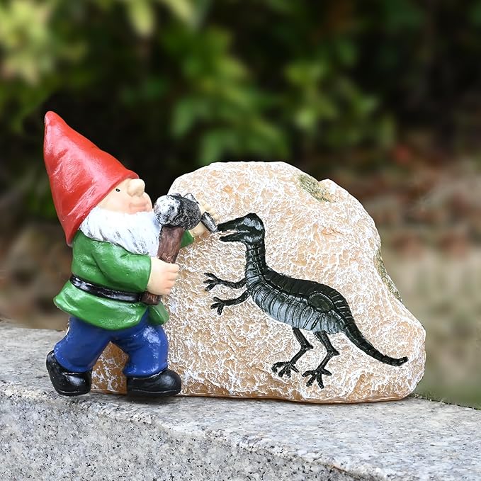 Garden Gnome Statues-Solar Gnomes Statues-Outdoor Gnome Figurine Decor Dinosaur Resin Decoration for Patio Yard Lawn Ornament Gnomes Gift for Woman 5.5 Inches