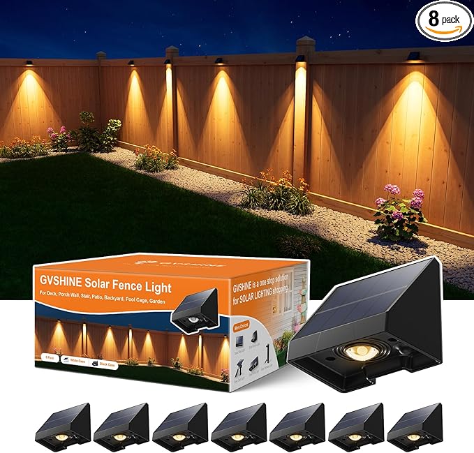 8 Pack Decorative Solar Powered Fence Lights Outdoor Waterproof with Warm White LED Spot Lens, for Outside Wall, Deck, Patio, Yard, Rail, Garage, Pool, Designed for Enhanced Security, Easy Install