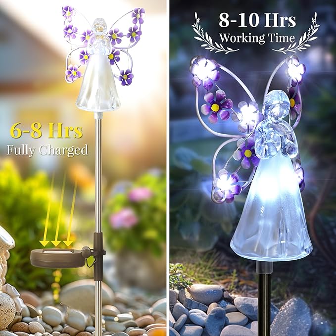 GIGALUMI Solar Angel Garden Stake Lights - 4 Pack Angel Solar Lights Outdoor Garden, Eternal Light Angel with 7 LEDs for Cemetery Grave Decorations, Memorial Gift, Christmas Yard Art, Sympathy Gift