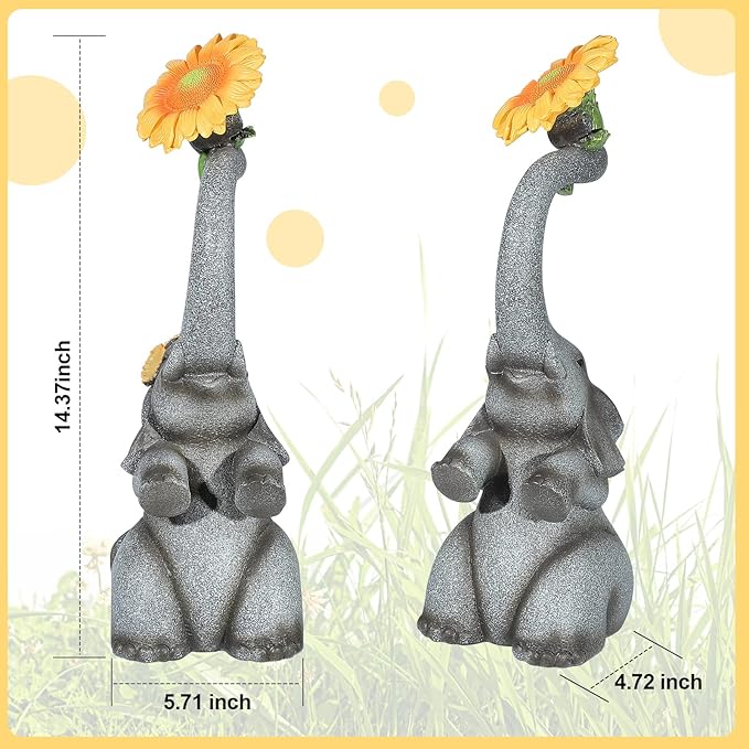 Elephant Sunflower Garden Decor, 14.3" Solar Large Garden Statue, Outdoor Yard Decor, Gifts for Mom, Grandma