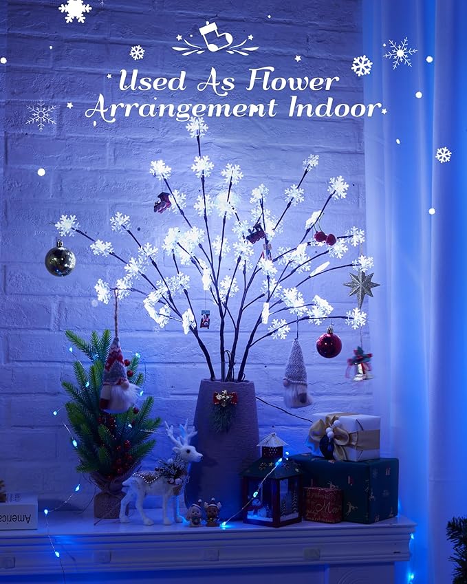 Brightown Snowflake Lights Outdoor Pathway, 8 Packs Lighted Branches Christmas Yard Decor, Small Tree With Lights, Twig Branch Outdoor Christmas Decorations, Pure White