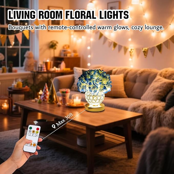 Flower Table Lamp, LED Night Light, 3 Color Modes Artificial Hydrangea Desk Lamp for Bedroom Living Room Decor, Ideal Gifts for Women Mom Wife Friend on Birthday Christmas (Hydrangea-Blue)