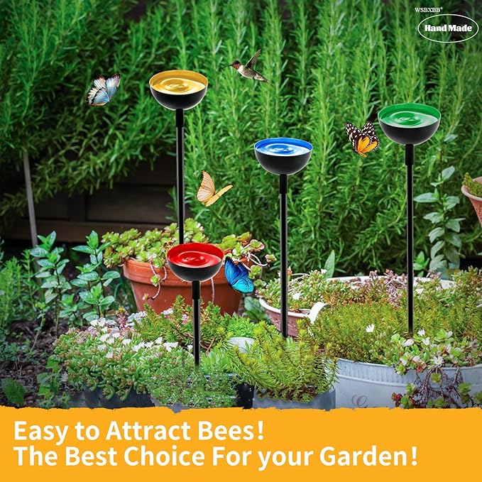 4 Pack Bee Cups For Garden, Bee Waterer And Butterfly Water Stations, Bee Water Catcher Cups For Thirsty Pollinators, Bee Bath, Colorful Metal Garden Sculpture Stakes Decor, Bee Houses For The Garden