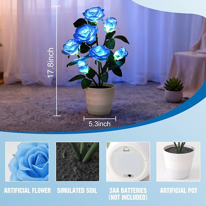 Blue Rose Flower Lamp, Christmas Birthday Gifts for Women Mom Granddaughter Girlfriend Friend Wife Anniversary Birthday, Bedroom Bar Coffee Shop Rose Night Light Lamp Decor